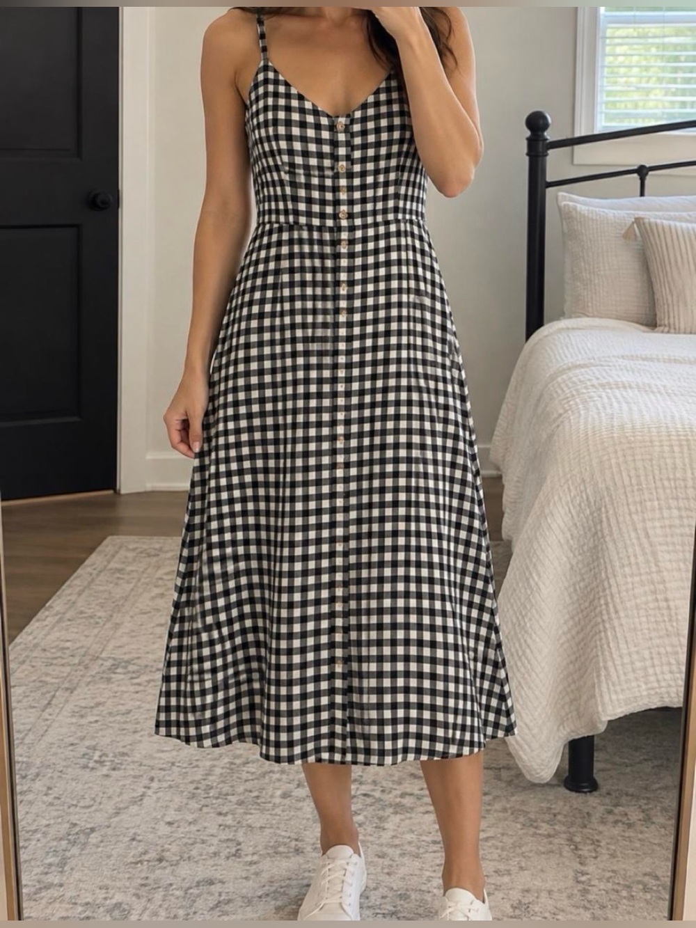 SO Black and White Gingham Midi Dress with Front Buttons